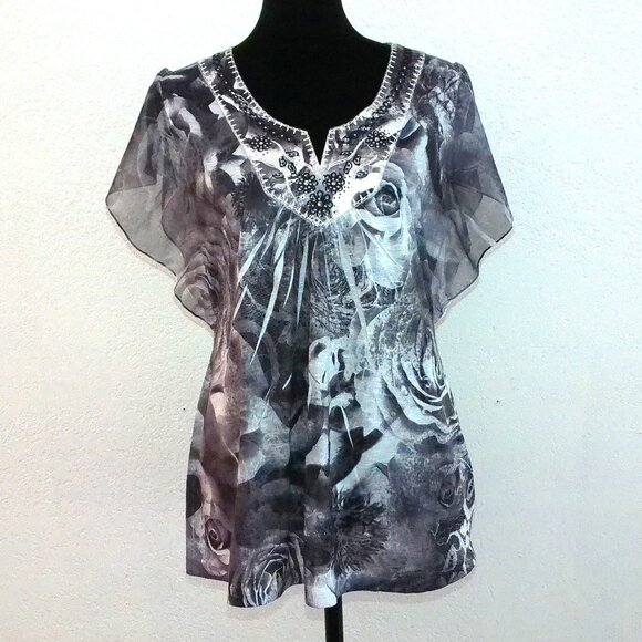 One world, white/black butterfly sleeve floral top, with embroidery, shiny studs - Picture 2 of 10